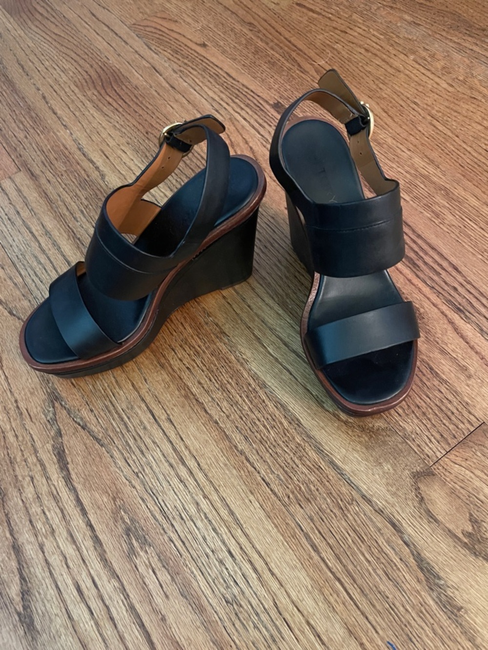 Tory Burch | Women's Selby wedge black with gold buckle-size 6.5